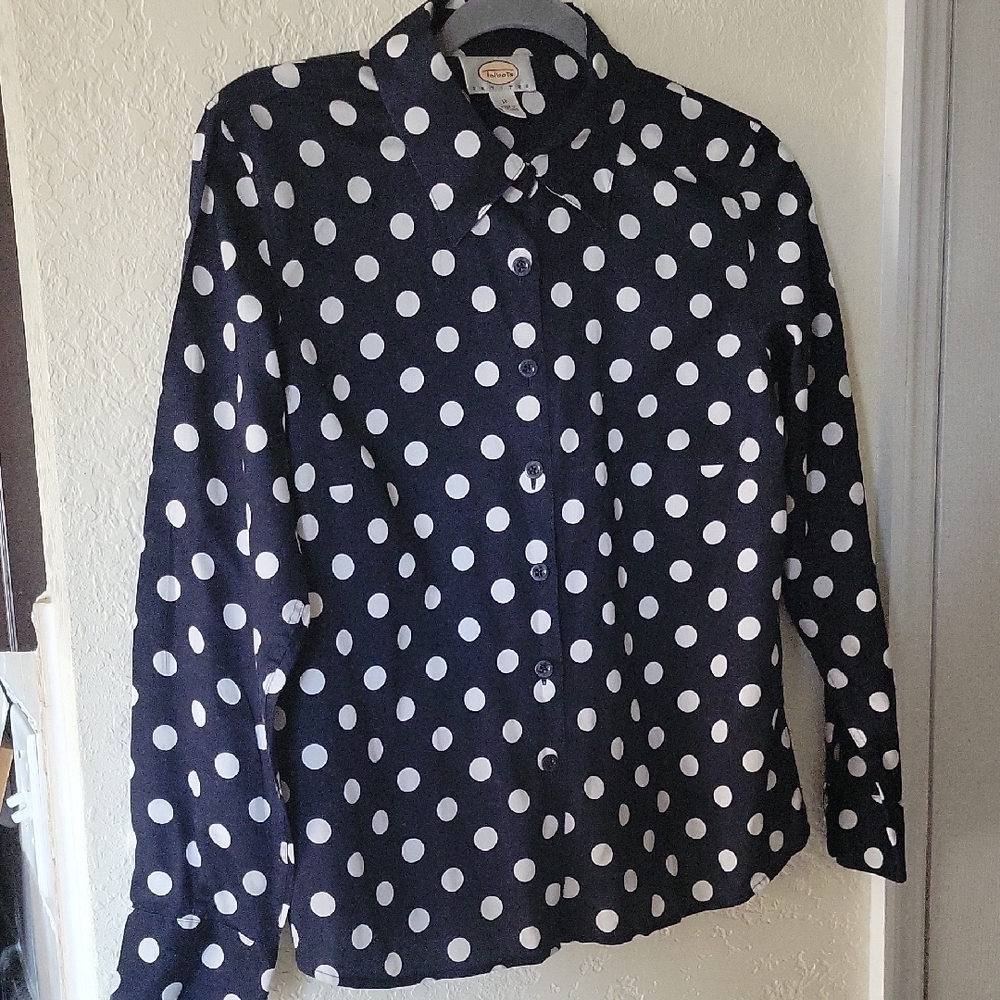Talbots Dark Blue and White Polka Dot Blouse